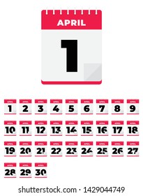 April. Vector flat daily calendar set. Icon. day, month, year.
