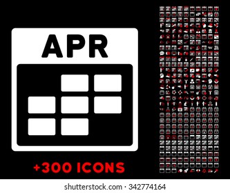 April vector pictogram with additional 300 date and time management icons. Style is bicolor flat symbols, red and white colors, rounded angles, black background.