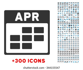 April vector pictogram with additional 300 date and time management icons. Style is bicolor flat symbols, blue and gray colors, rounded angles, white background.