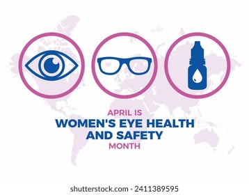 April is Women's Eye Health and Safety Month poster vector illustration. Human eye, glasses, eye drops bottle simple blue icon set. Healthy vision graphic design element. Important day