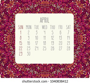 April year 2018 vector month calendar over lacy doodle hand drawn pink background, week starting from Sunday.