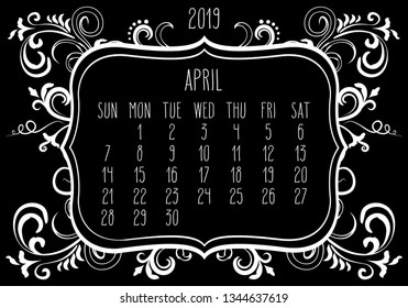 April year 2019 plain contemporary vector monthly calendar. Week starting from Sunday. Ornate elegant frame design in white over black background.