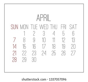 April year 2019 vector monthly calendar. Week starting from Sunday. Plain white contemporary design.