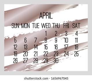 April year 2020 vector monthly modern calendar. Contemporary bronze brush stroke design over white background. Week starting from Sunday.