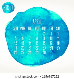 April 2020 Vektorillustration monatlicher Kunstkalender. Handgezeichnete Aquarellfarben, türkisblaue Farbkreise, die auf weißem Hintergrund entworfen wurden. Woche ab Sonntag.