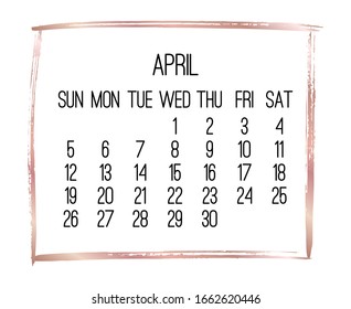 Abril año 2020 vector calendario mensual moderno. Diseño contemporáneo de marco de pincel dorado sobre fondo blanco. Semana a partir del domingo.