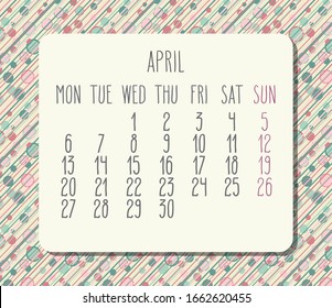 Calendario mensual vectorial de abril de 2020. Semana a partir del lunes. Diseño de colores pastel y rayas de luz.