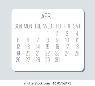 April year 2020 vector monthly plain minimalist light gray calendar. Week starting from Sunday.