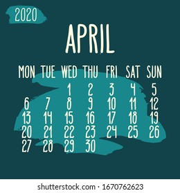 April year 2020 vector monthly calendar. Hand drawn blue paint stroke dark artsy design over teal background. Week starting from Monday.