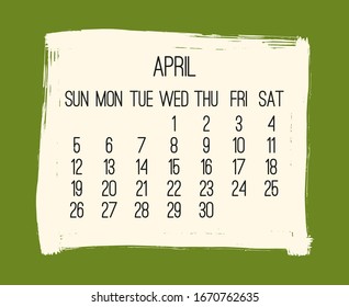 Abril año 2020 vector calendario mensual moderno. Diseño de marco de pincel verde dibujado a mano. Semana a partir del domingo.