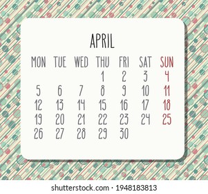 April year 2021 vector monthly calendar. Week starting from Monday. Pastel colored dots and stripes light design.