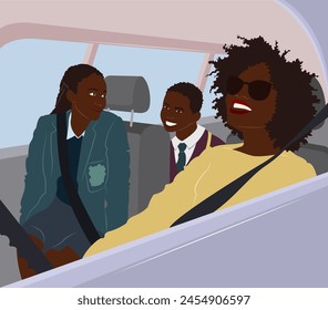 April,27,2024
A vector illustration of a mother with two kids driving to school 