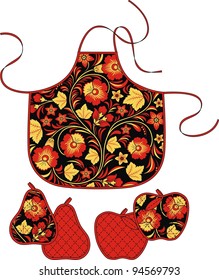 Apron and accessories from a fabric with a traditional Russian ornament