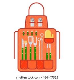 Apron with bbq tools. Set meal cooked on the grill. Tools for grilling. Outdoor activities. Cartoon flat vector illustration. Objects isolated on a white background.