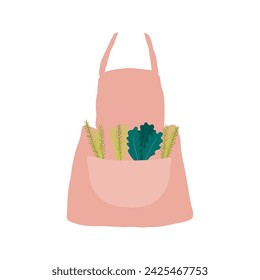 Apron with big pocket, vegetables leaves sticking out hand drawn illustration. Cartoon style flat design, isolated vector. Summer, autumn print element, seasonal casual clothes