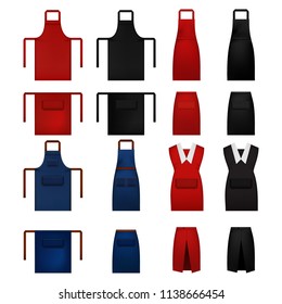 Apron cooking chef mockup set. Realistic illustration of 16 apron cooking chef mockups for web