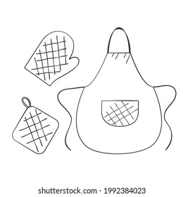 Apron, glove and potholder in doodle style. Vector illustration