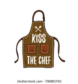 apron or kitchen utensils, cooking stuff for menu decoration. baking logo emblem or label, engraved hand drawn in old sketch or and vintage style. Kiss the chef.