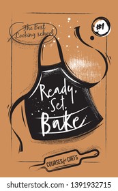 Apron with lettering on it. Coated and charcoal style. Vertical vintage poster. Rolling pin for the dough and the logo for the culinary school. Brown background