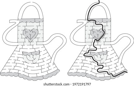 Apron maze for kids with a solution in black and white