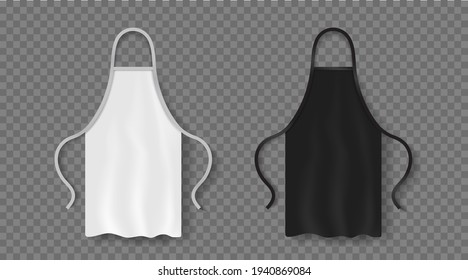 Apron mockup. Apron of uniform for kitchen and cooking. White and black uniform for chef and waiter. Realistic clothes mockup for work in restaurant, cafe. Cotton template for cook or barman. Vector.