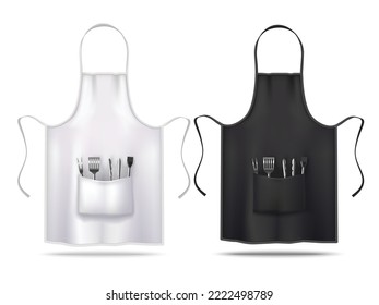 Apron Mockups with Grill Utensils. Black and White Apron Uniform in Realistic Style for Branding Advertising Logo Presentation Banners Fliers. Vector Illustration