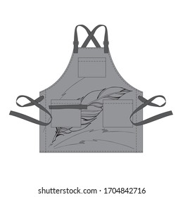 apron model with pockets, adjustable ties threaded through the grommets, with a large feather pattern