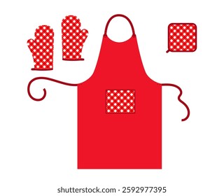 Apron, Oven Gloves mitt and potholder kitchen red cartoon flat accessory clothing technical illustration garment. Vector for Men, women style template CAD mockup on white background