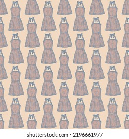 Apron pinafore engraved seamless pattern. Kitchen element for cook in hand drawn style. Sketch texture for fabric, wallpaper, textile, print, title, wrapping paper. Vector illustration.