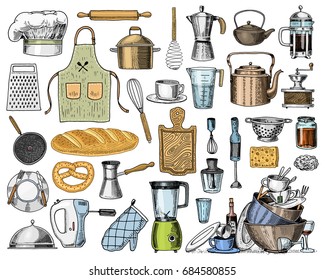 Apron or pinaphora and Hood, rolling pin and saucepan or corolla, wooden board. Chef and dirty kitchen utensils, cooking stuff for menu decoration. engraved hand drawn in old sketch and vintage style.