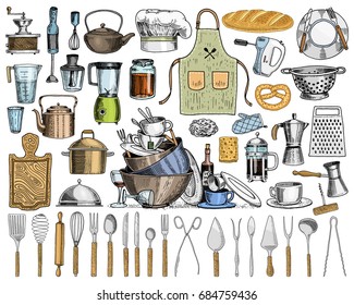 Apron or pinaphora and Hood, rolling pin and saucepan or corolla, wooden board. Chef and dirty kitchen utensils, cooking stuff for menu decoration. engraved hand drawn in old sketch and vintage style.