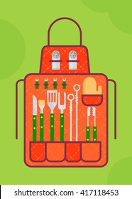 Apron with a set of tools for barbecue, grill menu.Cartoon flat vector illustration. Objects isolated on a background. 