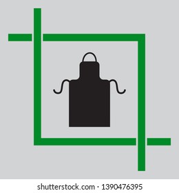 Apron simple sign. Black icon inside green crop tool at light gray background