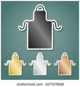 Apron simple signo. Conjunto de íconos metálicos con gradiente gris, dorado, plata y bronce con contorno blanco y sombra en fondo viridán. Ilustración.
