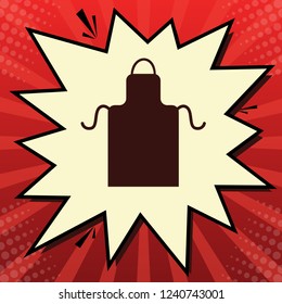 Apron simple sign. Vector. Dark red icon in lemon chiffon shutter bubble at red popart background with rays.