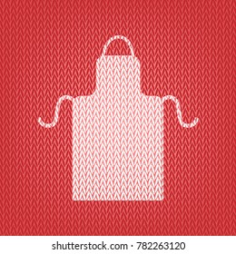 Apron simple sign. Vector. Knitted white icon on a red knitted background.