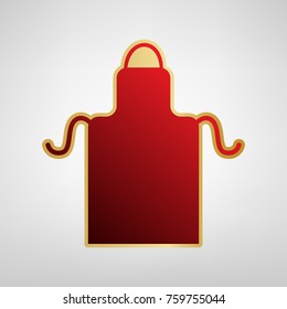 Apron simple sign. Vector. Red icon on gold sticker at light gray background.
