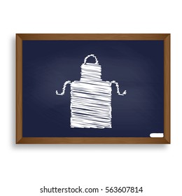 Delantal simple signo. Icono blanco de la tiza en el tablero azul de la escuela con la sombra como fondo. Aislado.