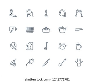 Apron, tablespoon, Knife, teapot, Frying pan, Spoon, Kettle, Ladle, Rolling pin, muffin sugar sifter outline vector icons from 20 set
