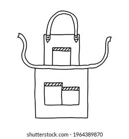 Apron with ties and buttons. Black and white outline illustration of an apron with three pockets on a white background. Isolated vector element for your design.