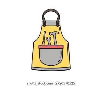 Apron with tools pocket, hammer screwdriver wrench, hand drawn doodle. Vector illustration.
