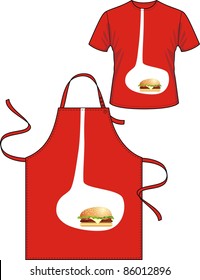 Apron and T-shirt with the image of a stomach with the eaten hamburger