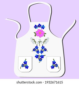 Apron white with blue wildflowers forget-me-nots, pink geranium, lilies of the valley, with pockets, stylized hand-drawing, for embroidery, for printing on fabric
