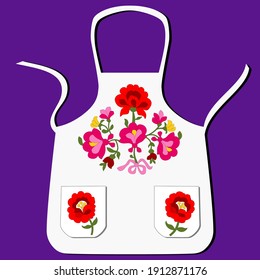 Apron white ladies with red and pink peonys, green leaflets, yellow wildflowers, bow, pockets, with strings, stylized hand-drawing, for embroidery, for printing on fabric