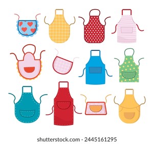 aprons kitchen set. domestic kitchenware fashion, minimalistic simple flat cartoon aprons with patterns. vector cartoon objects collection.