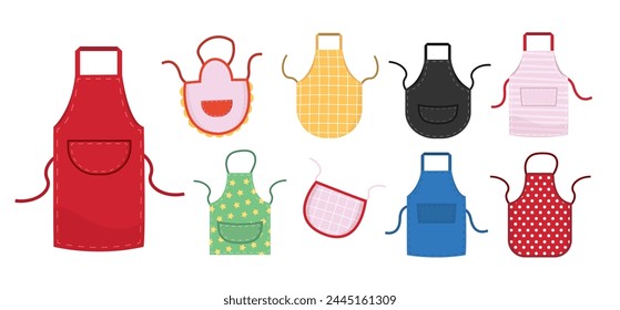 aprons kitchen set. minimalistic simple flat cartoon aprons with patterns, domestic kitchenware fashion. vector cartoon objects collection.