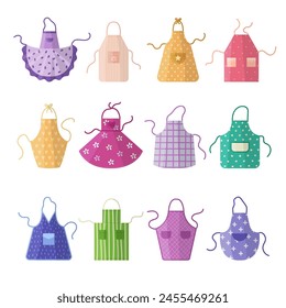 Aprons. Kitchen textile clothes for protection when preparing cooking food recent vector aprons with pockets