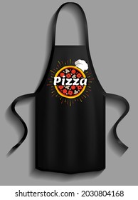 Aprons with pizzeria logos. Clothes for work in kitchen, protective element of clothing for cooking. Apron for cooking in kitchen and protection of clothes. Preparing pizza in restaurant