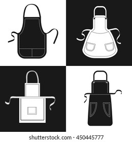 Aprons set. Vector collection of black and white aprons with pockets, shoulder straps and belts. 