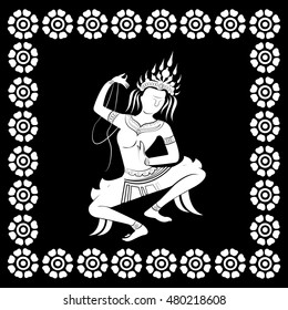 apsara dance, white silhouette on black background, vector illustration